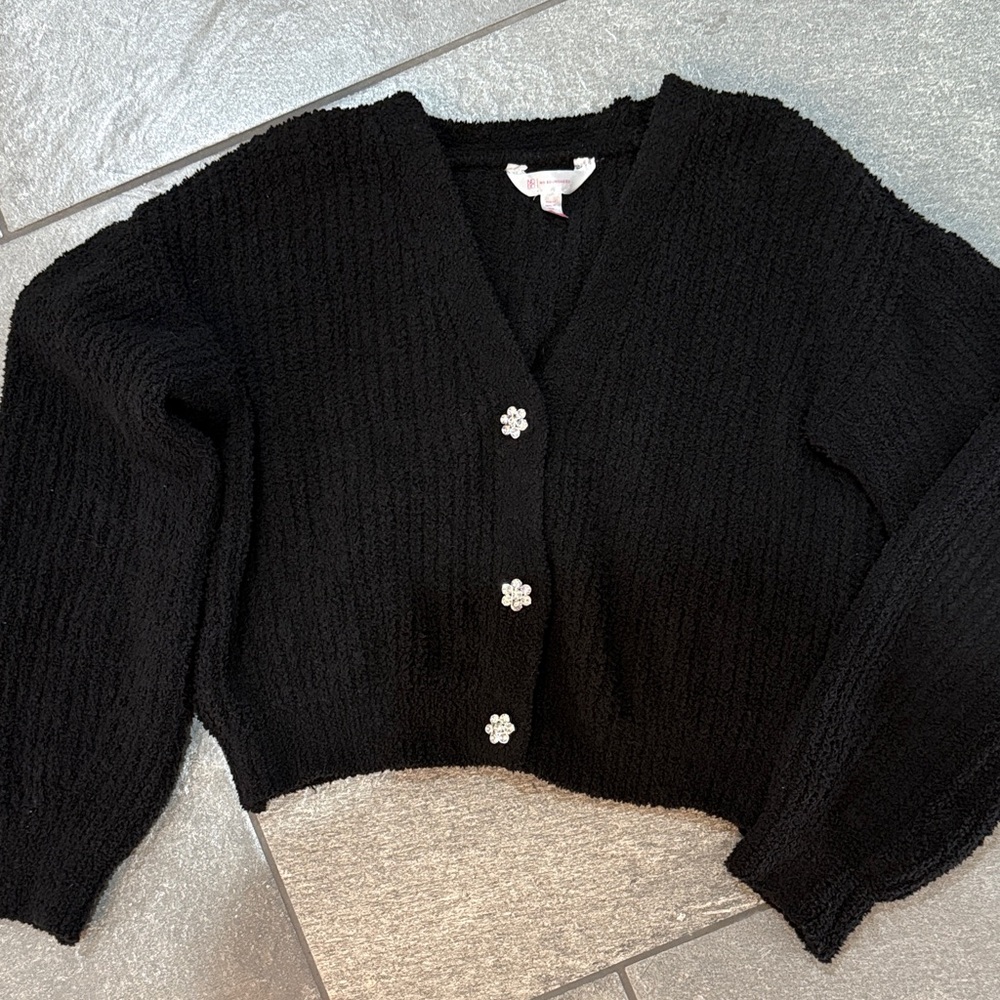 No Boundaries Black Cardigan with Crystal Rhinestone Floral Buttons